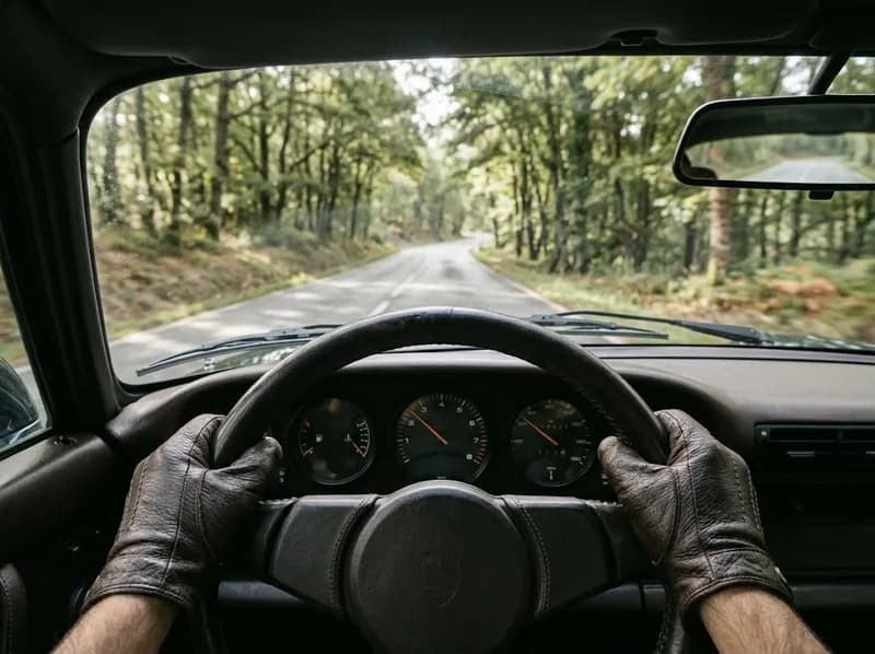 O painel e o volante de um carro numa estrada calma, vistos do lugar do condutor