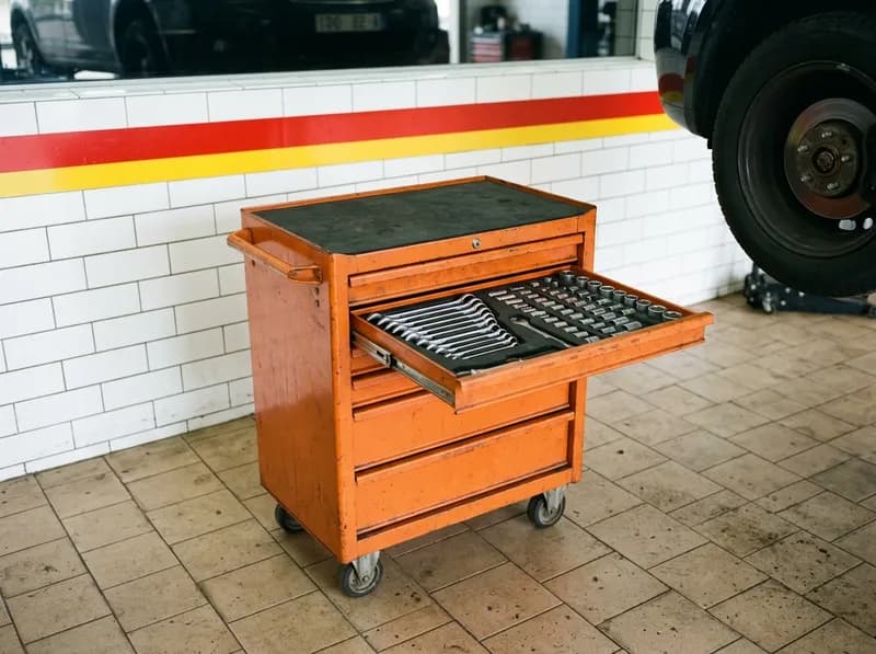 Um carro de ferramentas laranja com as gavetas arrumadas