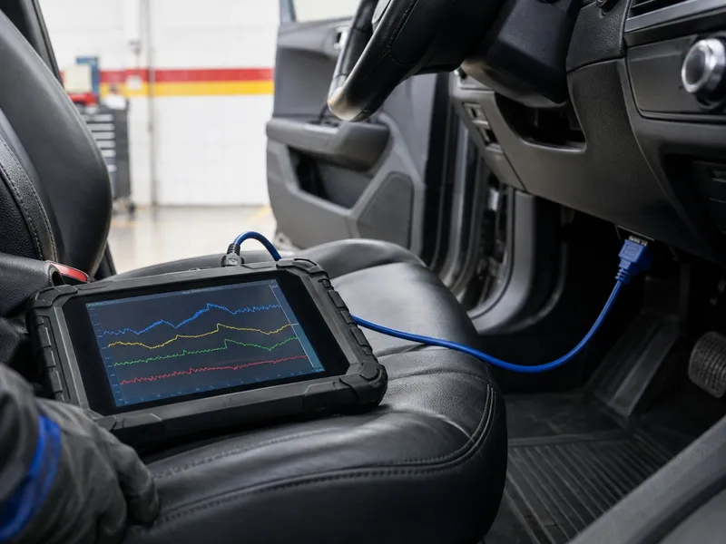 Um tablet de diagnóstico ligado à ficha OBD de um carro, a oficina desfocada ao fundo